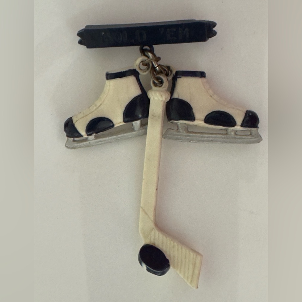 Collector Vintage Bakelite Hold Em Hockey Skates and Stick Brooch
